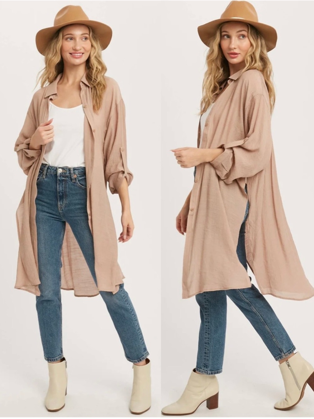BluIvy Longline Vented Button Up Shirt in Latte Oversized Small Medium PTP 23”